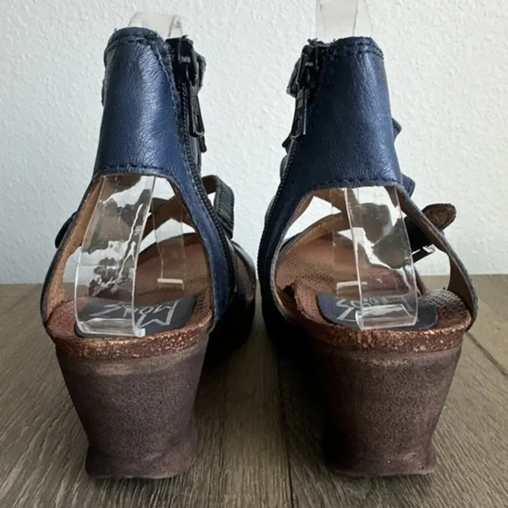 Miz Mooz Shay Navy Leather Wedge Sandals Women Size 10 EU 41 New With Box